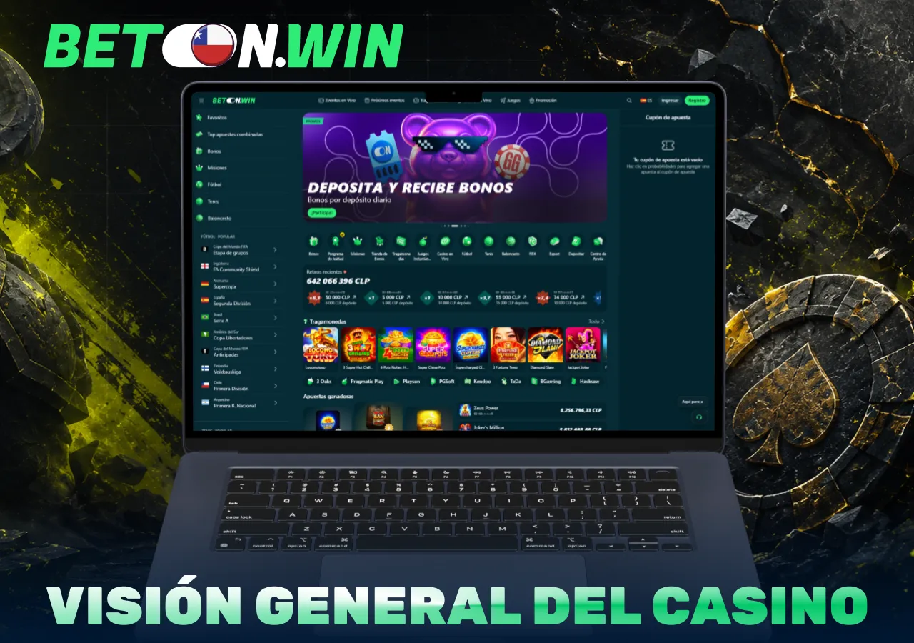 Visión general de BetonWin Casino Online con interfaz de usuario, categorías de juegos y funciones principales de la plataforma